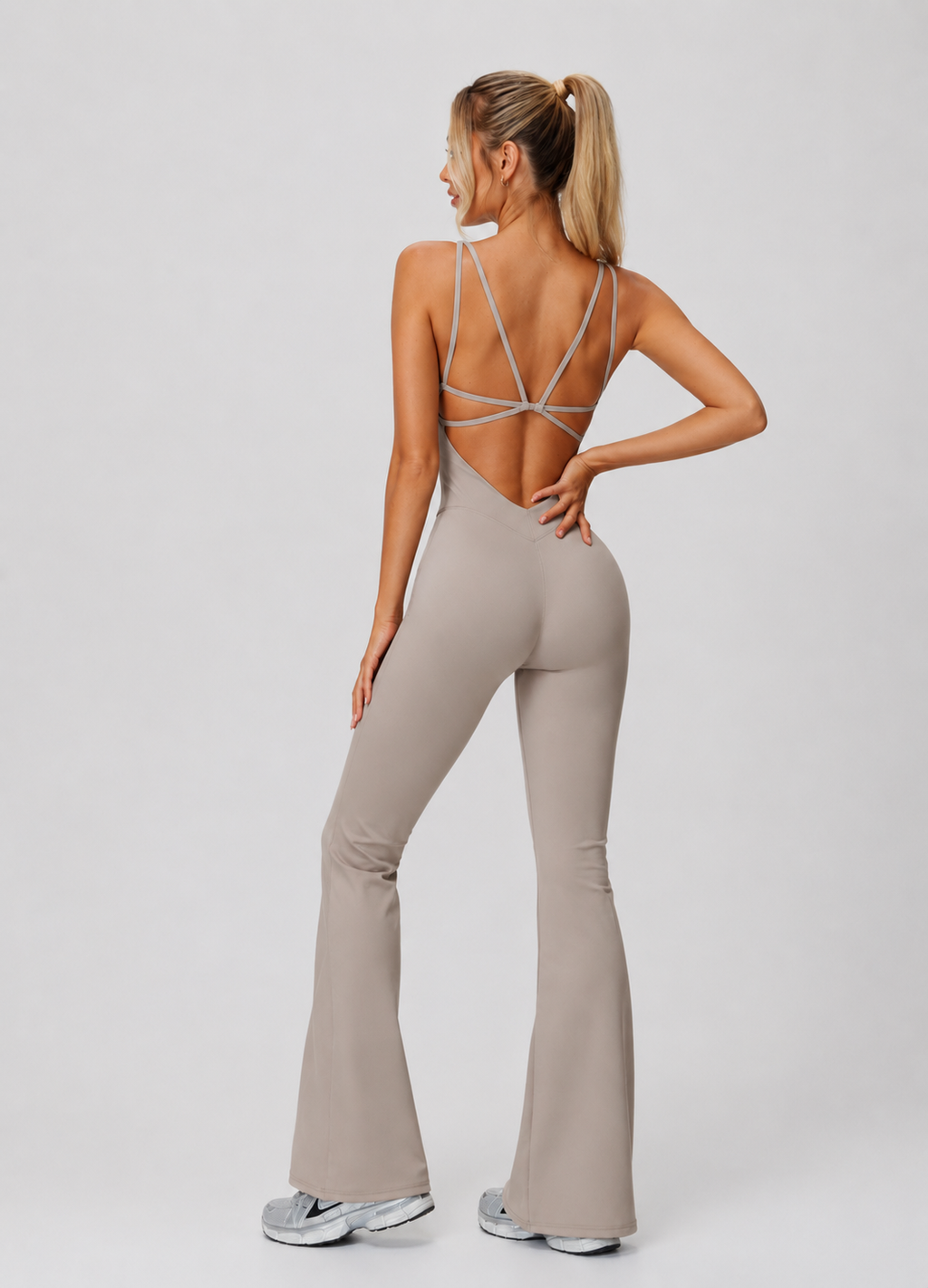 Jumpsuit Cross Open Back, Flared Wide Leg