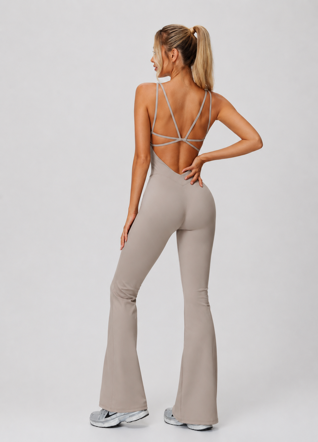 Jumpsuit Cross Open Back, Flared Wide Leg